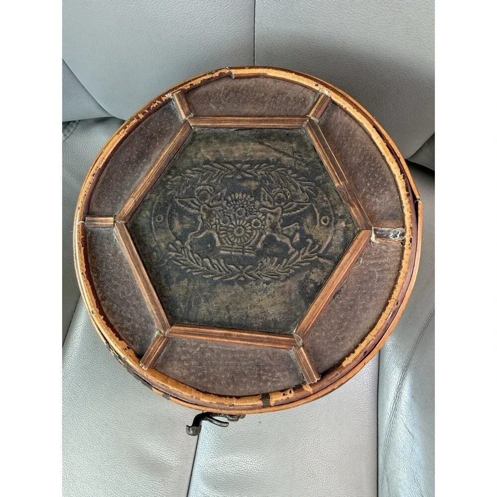 VTG 1890 Antique Wedding Basket From Rattan & Cane Carved Brass Band And Lock